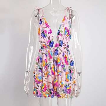 NUFIWI Women Sparkle Mini Dress Sleeveless Backless Bodycon Short Dresses Spaghetti Strap Rhinestone Party Club Cami Dress(Colorful Sequin Pink,S)