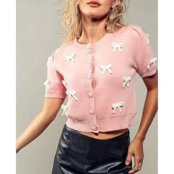 Woman’s Bow Cropped Sweaters Cardigan Y2K Short Sleeve Button Down Knit Sweater Pullover Cute Valentine's Day Sweater Pink