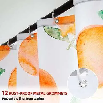 YI & ZE Peach Shower Curtain, Allover Fruits Waterproof Fabric Bathroom Cute Shower Curtain Set with 12 Hooks, Honey Peach 72"×72"