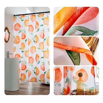 YI & ZE Peach Shower Curtain, Allover Fruits Waterproof Fabric Bathroom Cute Shower Curtain Set with 12 Hooks, Honey Peach 72"×72"