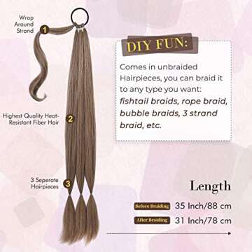 Flufymooz DIY Braided Ponytail Extension, Long Straight Wrap Around Ponytail Hair Extensions Ponytail Natural Soft Synthetic Hair Piece for Women Daily Wear