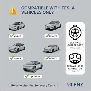 LENZ J1772 Charging Adapter for Tesla Model 3, Y, S, X, and Cybertruck, Safety Certified, 80A/240V, Optimal Fit, Easy Setup (Note: for Tesla Vehicles Only)
