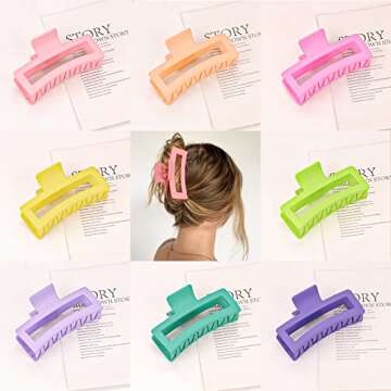 Jelyne 8PCS 5 Inch Extra Large Square Hair Clips, Matte Rectangular Claw Hair Clips for Women Girls, Strong Hold XL Jumbo Hair Clamps, Hair Accessories for Thick Long Curly Hair, 8 Colors