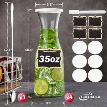 Glass Carafe 4 Pack, Goldarea 35 Oz Water Carafe with 6 Lids, 1 Liter Glass Pitcher, Beverage Jugs, Carafe Set for Mimosa Bar Supplies,1 Long-Handled Mixing Spoons and Chalkboard Label