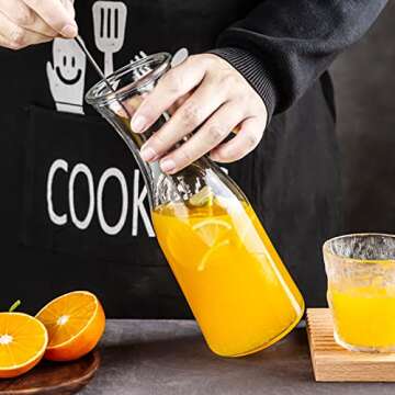 Glass Carafe 4 Pack, Goldarea 35 Oz Water Carafe with 6 Lids, 1 Liter Glass Pitcher, Beverage Jugs, Carafe Set for Mimosa Bar Supplies,1 Long-Handled Mixing Spoons and Chalkboard Label