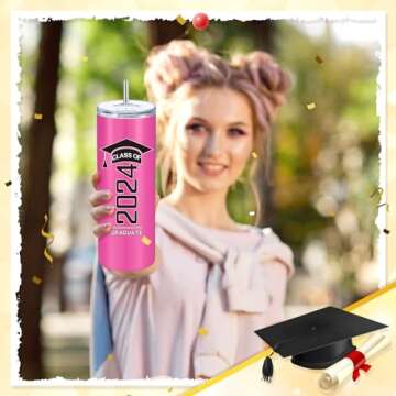 Class of 2025 Graduate Travel Mug for Her Him, Inspirational Graduation Gifts for College High School Student, 20 oz Insulated Water Tumbler with Straw Lid Brush(Rose Red)