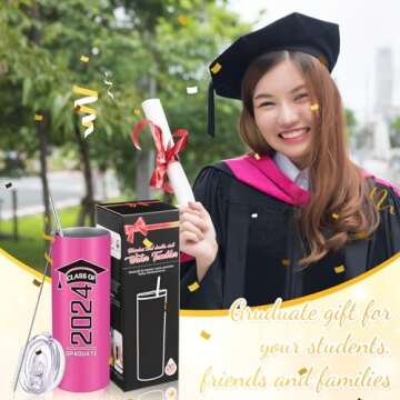 Class of 2025 Graduate Travel Mug for Her Him, Inspirational Graduation Gifts for College High School Student, 20 oz Insulated Water Tumbler with Straw Lid Brush(Rose Red)