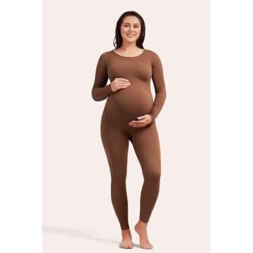 Angelhood Maternity Bodysuit Ribbed Long Sleeve Maternity Workout Romper One Piece Yoga Pregnancy Jumpsuit Shapewear, Medium Coffee