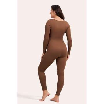 Angelhood Maternity Bodysuit Ribbed Long Sleeve Maternity Workout Romper One Piece Yoga Pregnancy Jumpsuit Shapewear, Medium Coffee
