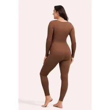 Angelhood Maternity Bodysuit Ribbed Long Sleeve Maternity Workout Romper One Piece Yoga Pregnancy Jumpsuit Shapewear, Medium Coffee