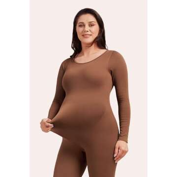 Angelhood Maternity Bodysuit Ribbed Long Sleeve Maternity Workout Romper One Piece Yoga Pregnancy Jumpsuit Shapewear, Medium Coffee