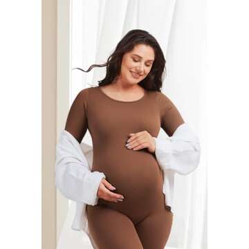 Angelhood Maternity Bodysuit Ribbed Long Sleeve Maternity Workout Romper One Piece Yoga Pregnancy Jumpsuit Shapewear, Medium Coffee