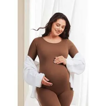 Angelhood Maternity Bodysuit Ribbed Long Sleeve Maternity Workout Romper One Piece Yoga Pregnancy Jumpsuit Shapewear, Medium Coffee