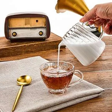 Leinuosen 2 Pcs Small Glass Creamer Pitcher with Spout Milk Frothing Pitcher Elegant Shaped Glass Coffee Tea Milk Creamer Jug Creative Milk Frother Cup (Wave Style,250 ml)