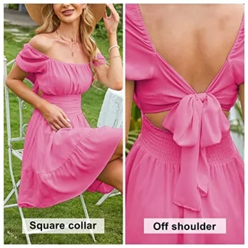 EXLURA Women's Tie Back Square Neck Mini Dress in Hot Pink