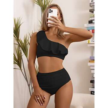 Eomenie Women One Shoulder Ruffle Two Piece Swimsuits High Waisted Tummy Control Bikini Sets 2 Piece Bathing Suits Black