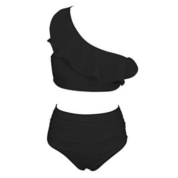 Eomenie Women One Shoulder Ruffle Two Piece Swimsuits High Waisted Tummy Control Bikini Sets 2 Piece Bathing Suits Black