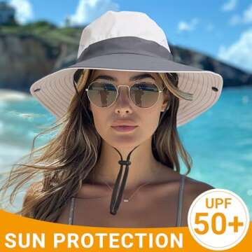 PFFY Ponytail Sun Bucket Hat for Women Wide Brim UPF 50+ Bucket Fishing & Beach Hats Pink/Grey