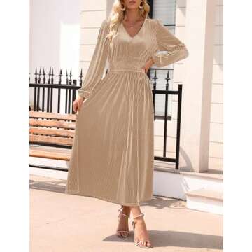ZESICA Women's Velvet Midi Dress Casual V Neck Long Sleeve Solid Color Elastic High Waist Flowy Evening Party Dresses,Champagne,X-Large
