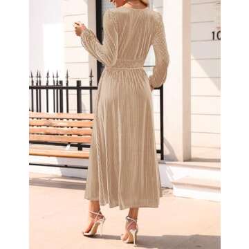 ZESICA Women's Velvet Midi Dress Casual V Neck Long Sleeve Solid Color Elastic High Waist Flowy Evening Party Dresses,Champagne,X-Large