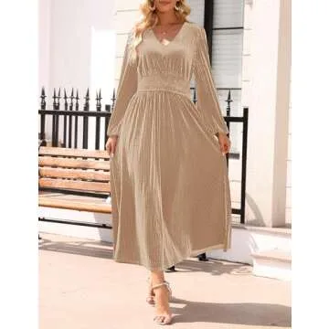 ZESICA Women's Velvet Midi Dress Casual V Neck Long Sleeve Solid Color Elastic High Waist Flowy Evening Party Dresses,Champagne,X-Large