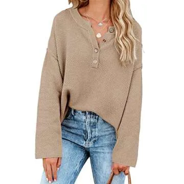 Saodimallsu Womens V Neck Oversized Sweaters Batwing Long Sleeve Button Up Henley Tops Pullover Loose Chunky Knit Jumper Khaki