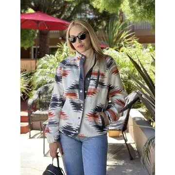 Zeagoo Womens Fleece Jacket Fuzzy Stand Collar Western Aztec Snap Button Down Jacket Outerwear with Pockets