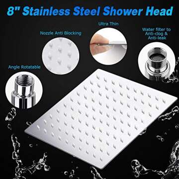 Shower Head Set, High Pressure 8'' Rainfall Stainless Steel Shower Head/Handheld Combo with 60'' Hose Anti-leak Shower Head with Holder, Flow Regulator, Chrome, 4 Shower Hooks ( Sliver)