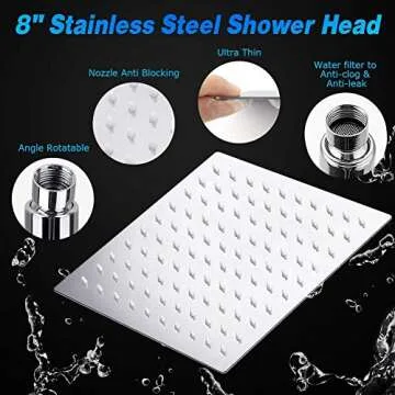 Shower Head Set, High Pressure 8'' Rainfall Stainless Steel Shower Head/Handheld Combo with 60'' Hose Anti-leak Shower Head with Holder, Flow Regulator, Chrome, 4 Shower Hooks ( Sliver)