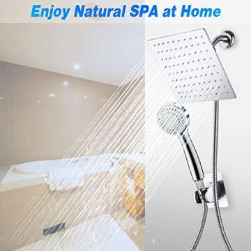 Shower Head Set, High Pressure 8'' Rainfall Stainless Steel Shower Head/Handheld Combo with 60'' Hose Anti-leak Shower Head with Holder, Flow Regulator, Chrome, 4 Shower Hooks ( Sliver)
