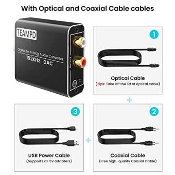 192KHz Digital to Analog Audio Converter, Aluminum Optical to RCA Converter with Optical Coaxial Cables, Toslink Optical Digital to RCA (L/R) and 3.5mm Jack DAC For TV PS4 DVD PS3 Amp Receiver Speaker