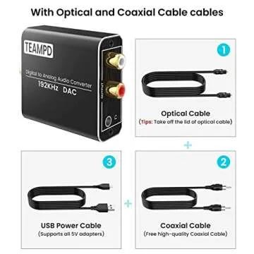 192KHz Digital to Analog Audio Converter, Aluminum Optical to RCA Converter with Optical Coaxial Cables, Toslink Optical Digital to RCA (L/R) and 3.5mm Jack DAC For TV PS4 DVD PS3 Amp Receiver Speaker
