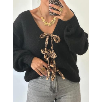 Women's Leopard Tie Front Knitted Cardigan Y2K Long Sleeve V Neck Knit Sweater Top