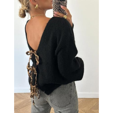 Women's Leopard Tie Front Knitted Cardigan Y2K Long Sleeve V Neck Knit Sweater Top