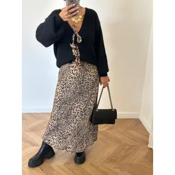 Women's Leopard Tie Front Knitted Cardigan Y2K Long Sleeve V Neck Knit Sweater Top