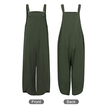 MAGIMODAC Women's Summer Cotton Linen Baggy Overalls Jumpsuit Casual Loose Fit Rompers with Pockets Adjustable (Army Green, X-Large)