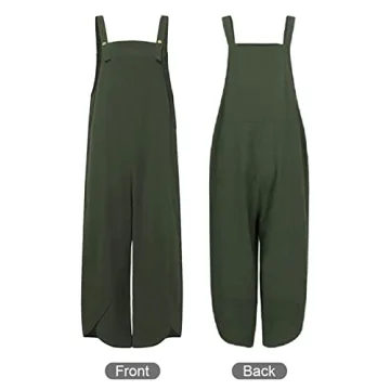 MAGIMODAC Women's Summer Cotton Linen Baggy Overalls Jumpsuit Casual Loose Fit Rompers with Pockets Adjustable (Army Green, X-Large)
