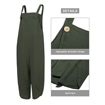 MAGIMODAC Women's Summer Cotton Linen Baggy Overalls Jumpsuit Casual Loose Fit Rompers with Pockets Adjustable (Army Green, X-Large)