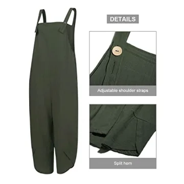 MAGIMODAC Women's Summer Cotton Linen Baggy Overalls Jumpsuit Casual Loose Fit Rompers with Pockets Adjustable (Army Green, X-Large)