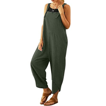 MAGIMODAC Women's Summer Cotton Linen Baggy Overalls Jumpsuit Casual Loose Fit Rompers with Pockets Adjustable (Army Green, X-Large)