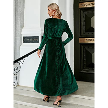 BerryGo Women's Long Sleeve Prom Formal Velvet Wrap Dress Cocktail Party Winter Long Maxi Dress with Slit Emerald Green L