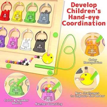 Magnetic Color and Number Maze - Montessori Toys for 3+ Year Old, Wooden Magnet Color Sorting and Learning Counting Puzzle Game Board - Fine Motor Skills Toys for Boys and Girls 3 4 5 Years Old