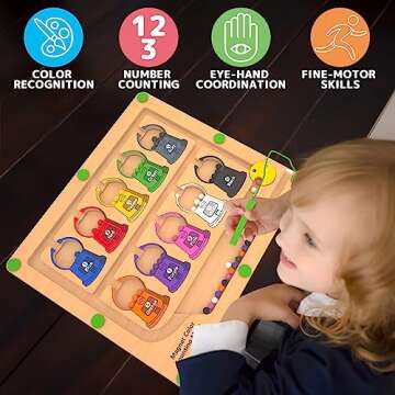Magnetic Color and Number Maze - Montessori Toys for 3+ Year Old, Wooden Magnet Color Sorting and Learning Counting Puzzle Game Board - Fine Motor Skills Toys for Boys and Girls 3 4 5 Years Old