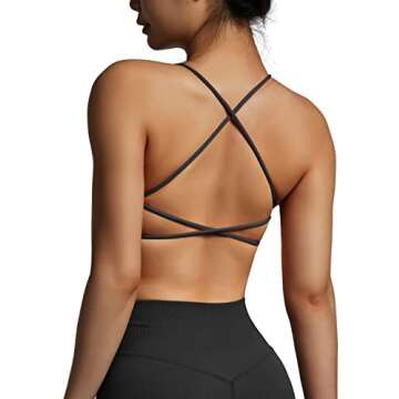 DOULAFASS Sports Bras for Women Strappy Sexy Cute Cross Back Light Support Workout Yoga Bra Tops with Removable Cups (Medium, YD001-Black)