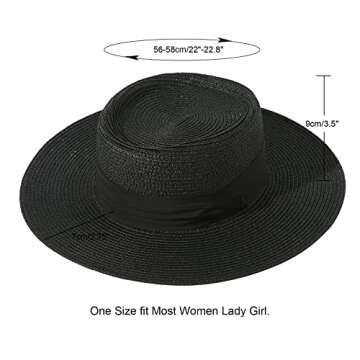 Lanzom UPF50+ Women Wide Brim Straw Panama Sun Hat Boater Summer Beach Sun Hat (Black)