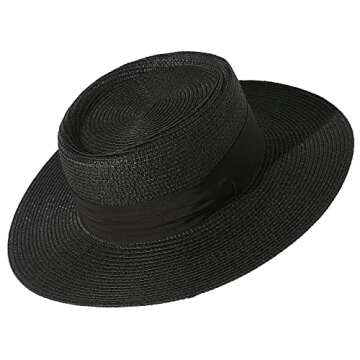 Lanzom UPF50+ Women Wide Brim Straw Panama Sun Hat Boater Summer Beach Sun Hat (Black)