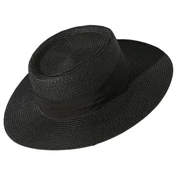 Lanzom UPF50+ Women Wide Brim Straw Panama Sun Hat Boater Summer Beach Sun Hat (Black)