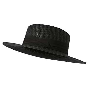 Lanzom UPF50+ Women Wide Brim Straw Panama Sun Hat Boater Summer Beach Sun Hat (Black)