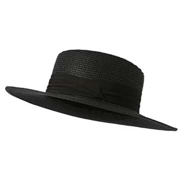 Lanzom UPF50+ Women Wide Brim Straw Panama Sun Hat Boater Summer Beach Sun Hat (Black)