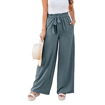 NIMIN High Waisted Work Pants for Women Summer Casual Wide Leg Pants Loose Comfy Flowy Beach Pants with Pockets Blue Grey Large